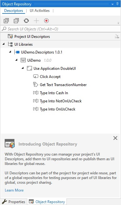 Snip of the Object Repository panel, only available in the Modern Experience.